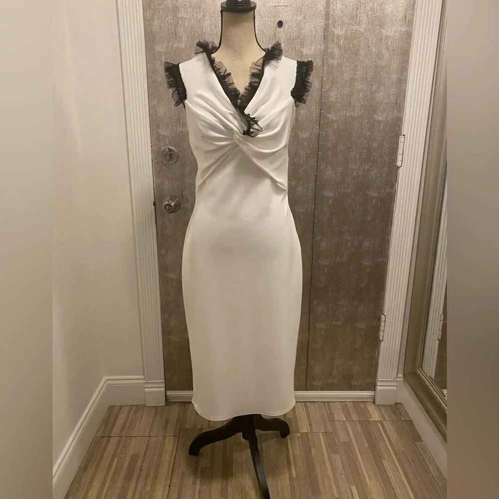 Katie May black tulle trimmed white midi dress, L